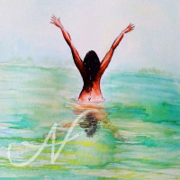 Aquarellillustration einer nackten Frau im Wasser, die die Essenz von Schönheit und Ruhe in einem fließenden künstlerischen Stil einfängt.